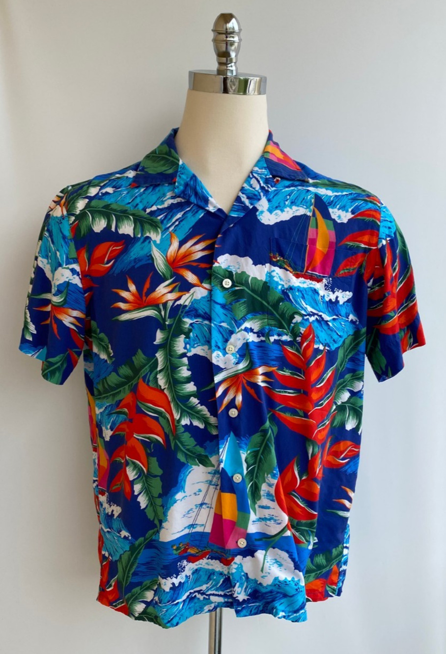 Polo Ralph Lauren Hawaiian Shirt M Tropical Beach Camp Viscose Sailboat Waves